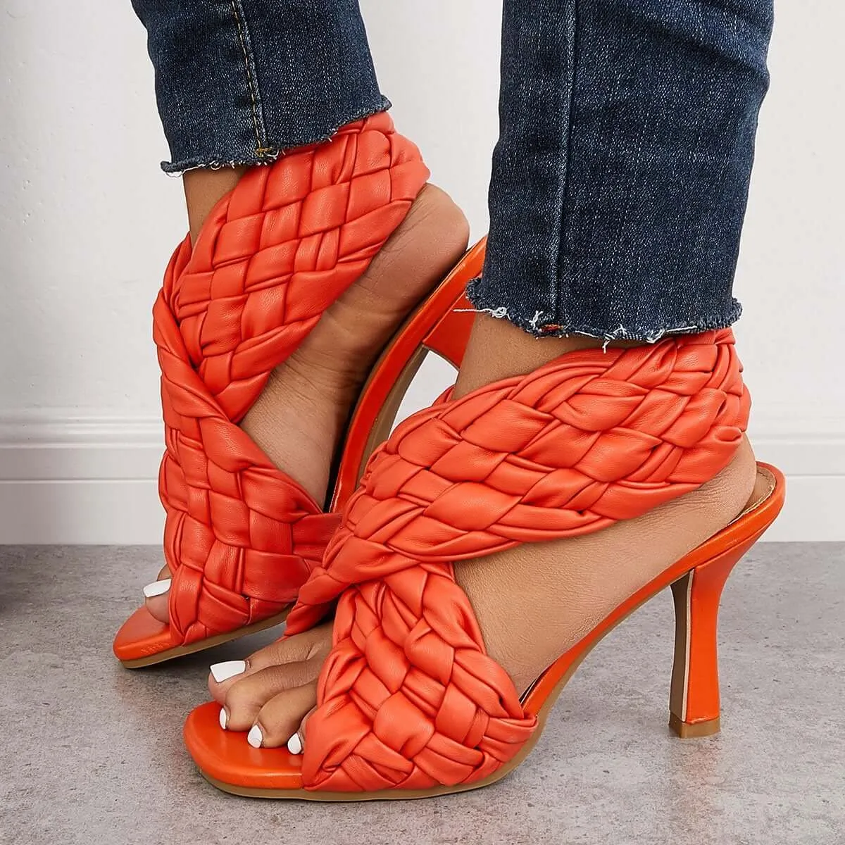 Sohiwoo Braided Woven Stilettos High Heels Criss Cross Ankle Strap Sandals