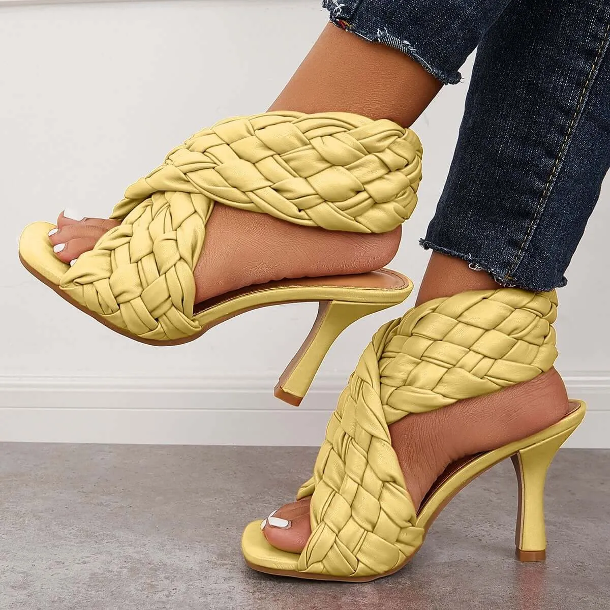 Sohiwoo Braided Woven Stilettos High Heels Criss Cross Ankle Strap Sandals