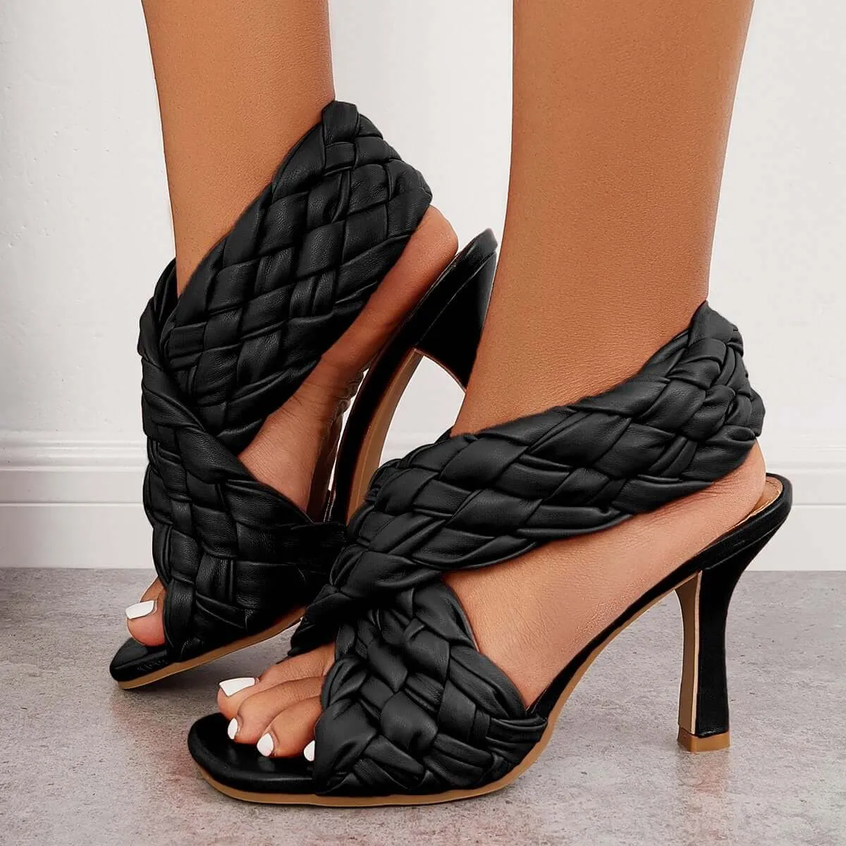 Sohiwoo Braided Woven Stilettos High Heels Criss Cross Ankle Strap Sandals