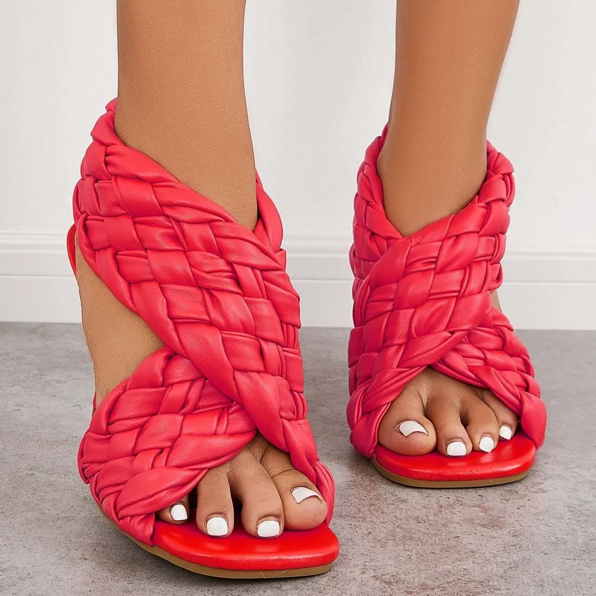 Sohiwoo Braided Woven Stilettos High Heels Criss Cross Ankle Strap Sandals