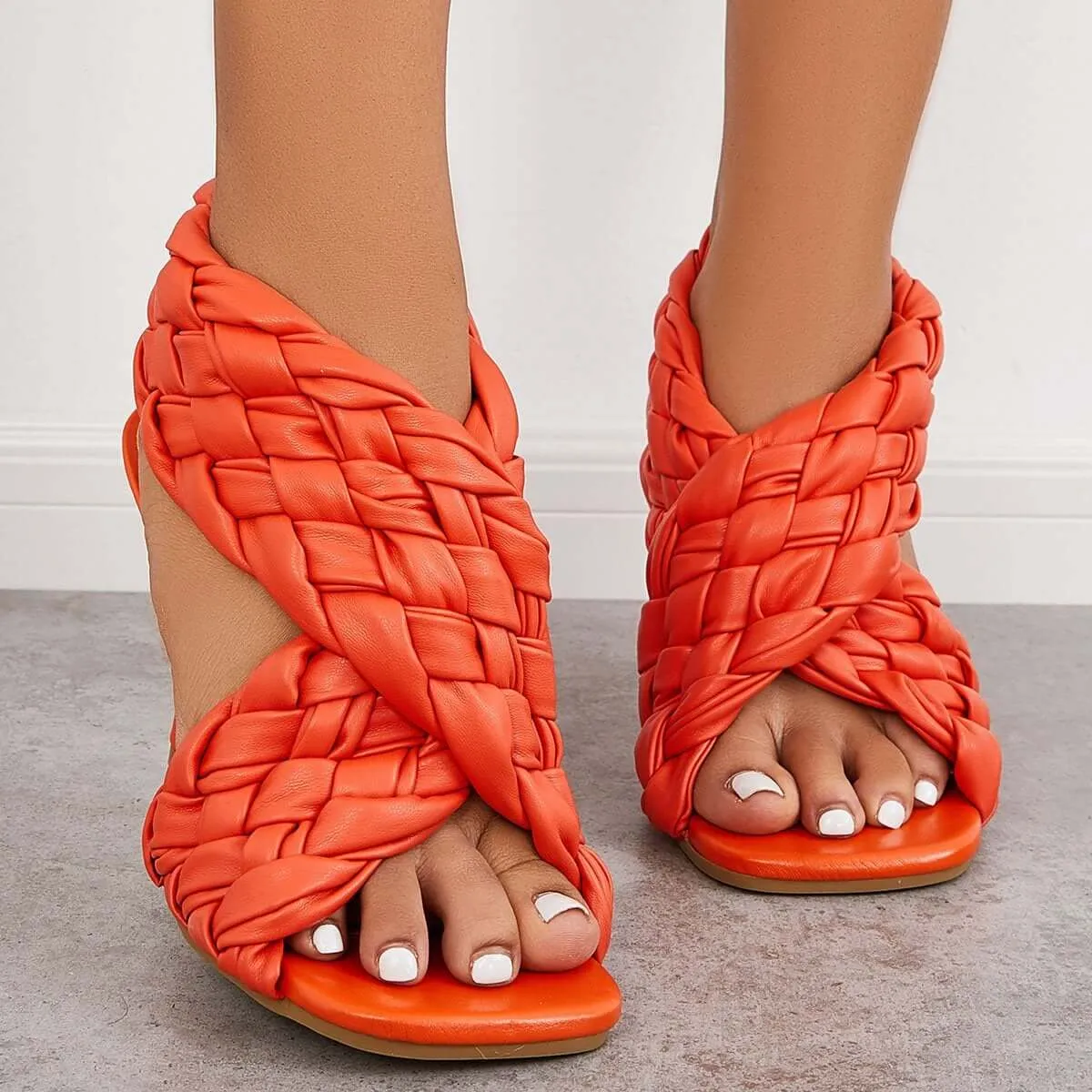 Sohiwoo Braided Woven Stilettos High Heels Criss Cross Ankle Strap Sandals
