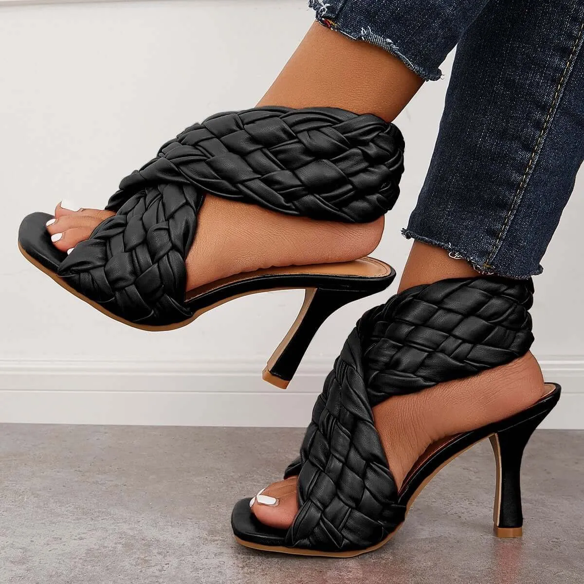 Sohiwoo Braided Woven Stilettos High Heels Criss Cross Ankle Strap Sandals