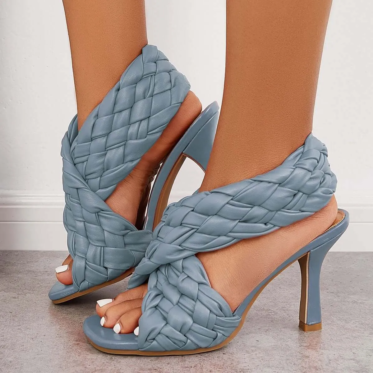 Sohiwoo Braided Woven Stilettos High Heels Criss Cross Ankle Strap Sandals