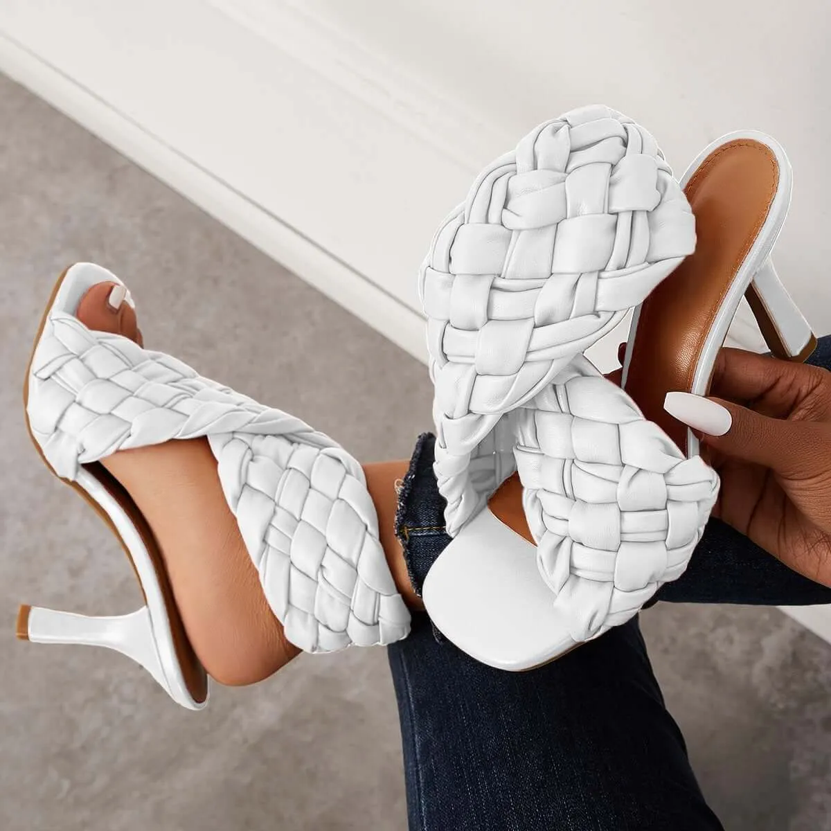 Sohiwoo Braided Woven Stilettos High Heels Criss Cross Ankle Strap Sandals