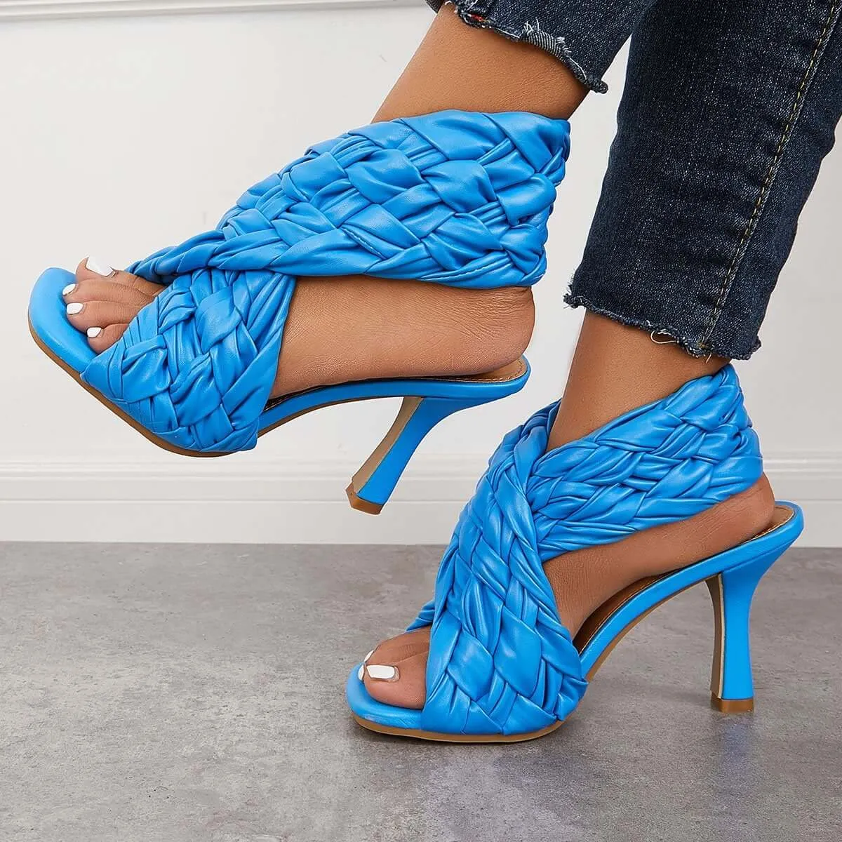 Sohiwoo Braided Woven Stilettos High Heels Criss Cross Ankle Strap Sandals