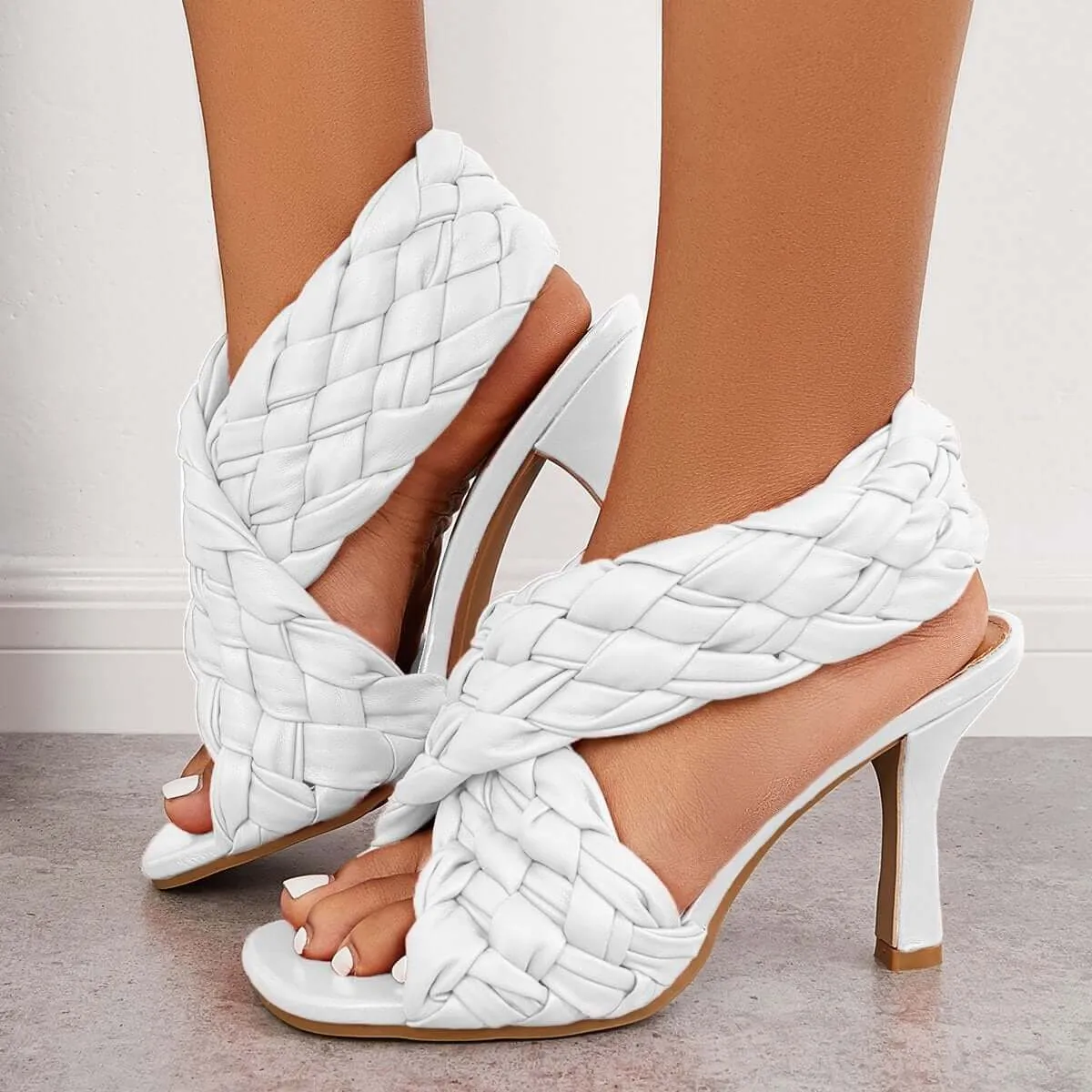 Sohiwoo Braided Woven Stilettos High Heels Criss Cross Ankle Strap Sandals