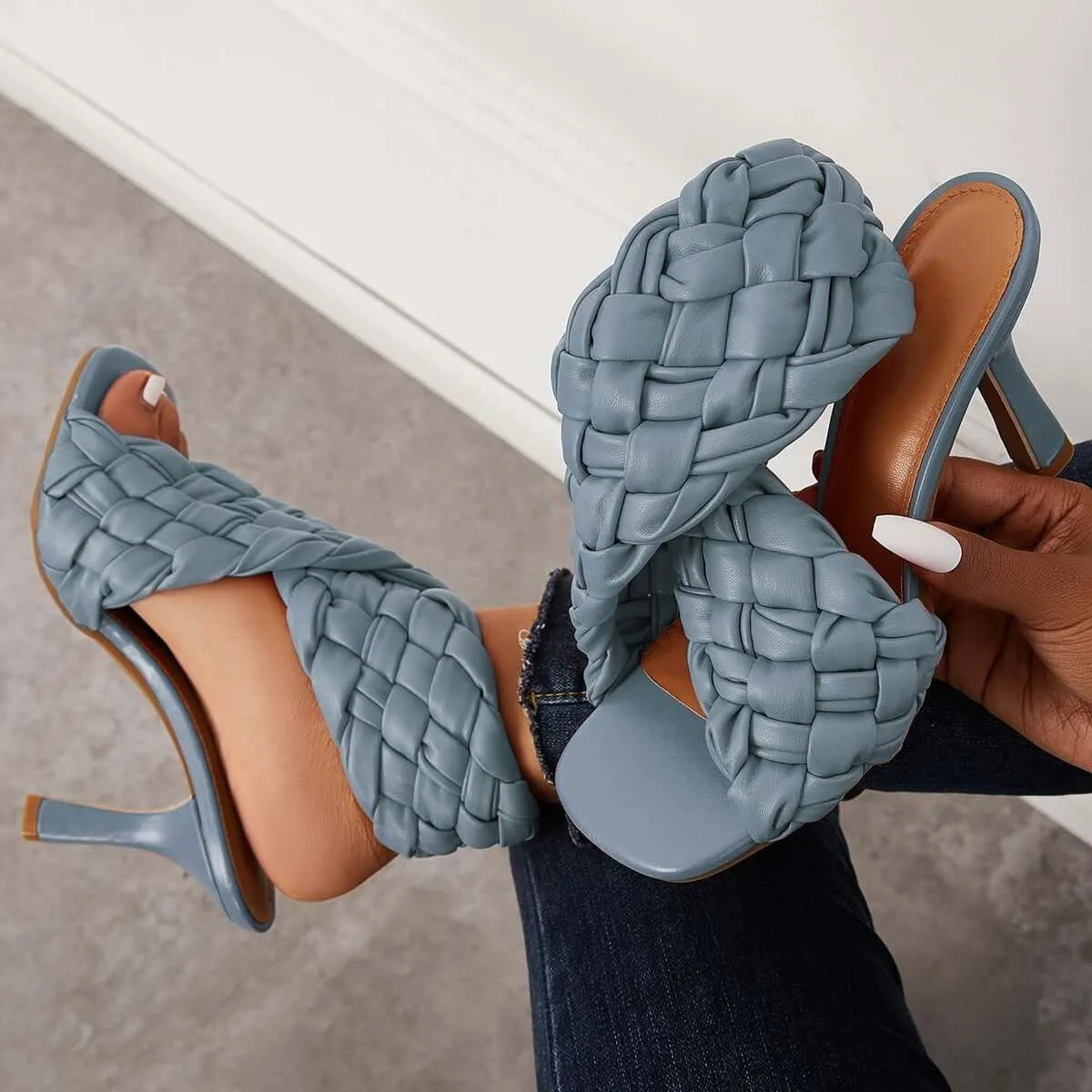 Sohiwoo Braided Woven Stilettos High Heels Criss Cross Ankle Strap Sandals