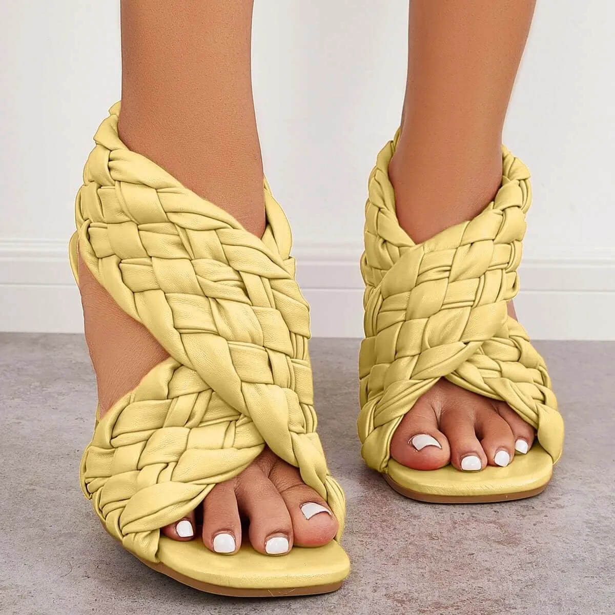 Sohiwoo Braided Woven Stilettos High Heels Criss Cross Ankle Strap Sandals