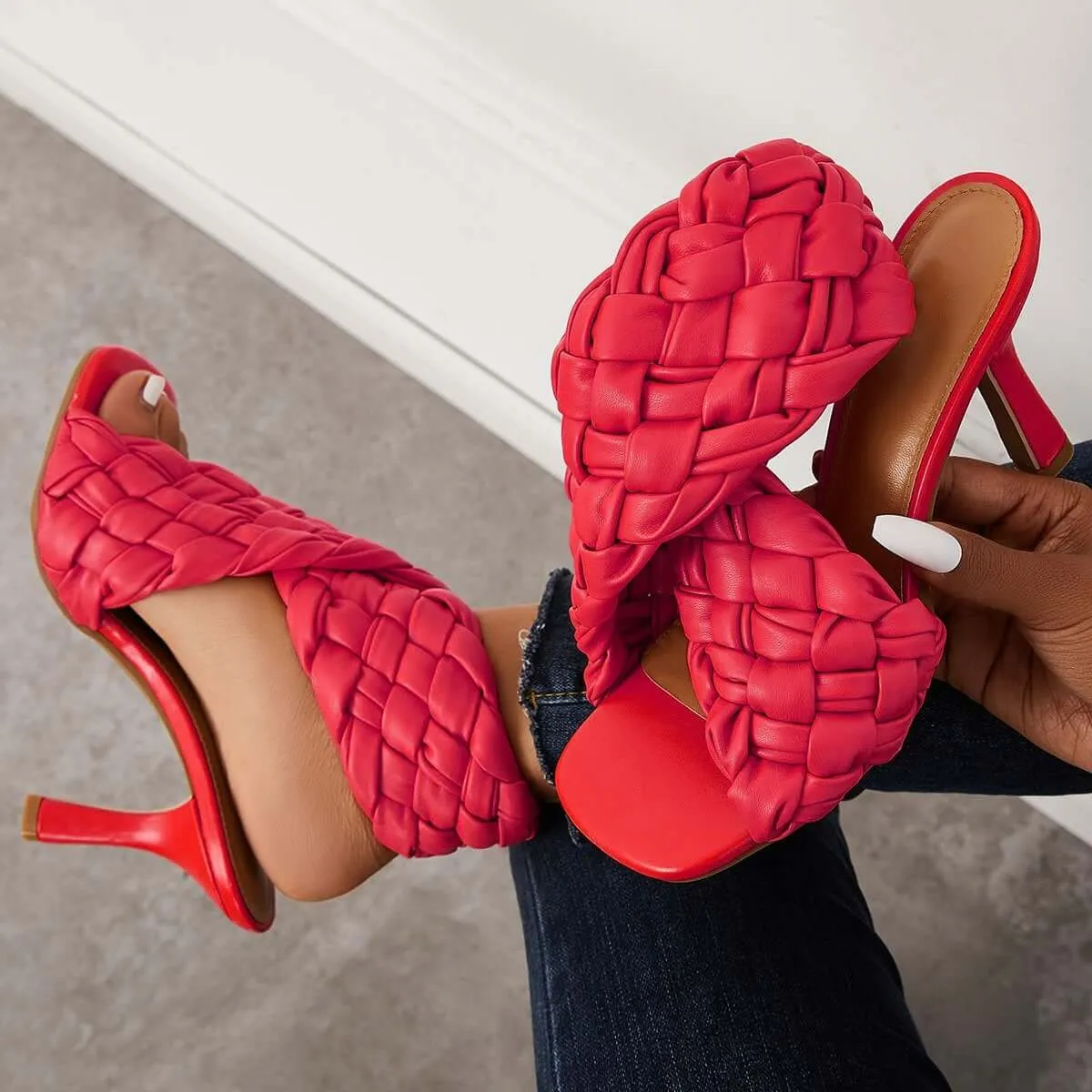 Sohiwoo Braided Woven Stilettos High Heels Criss Cross Ankle Strap Sandals