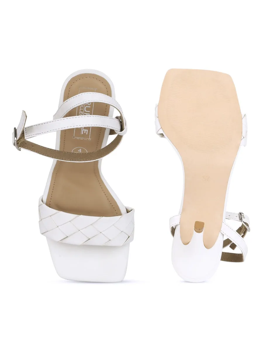 White PU Woven Strap Stilettos