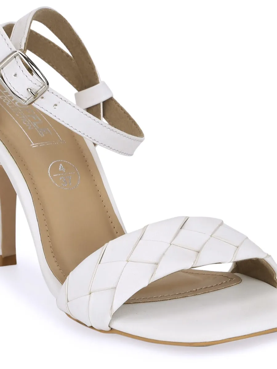 White PU Woven Strap Stilettos