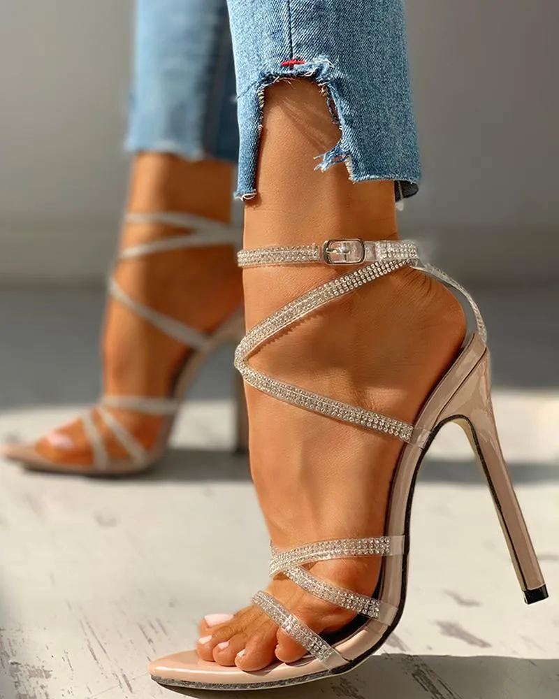 Women’s High Heel Pointed Toe Rhinestone Strappy Sandals in 3 Colors