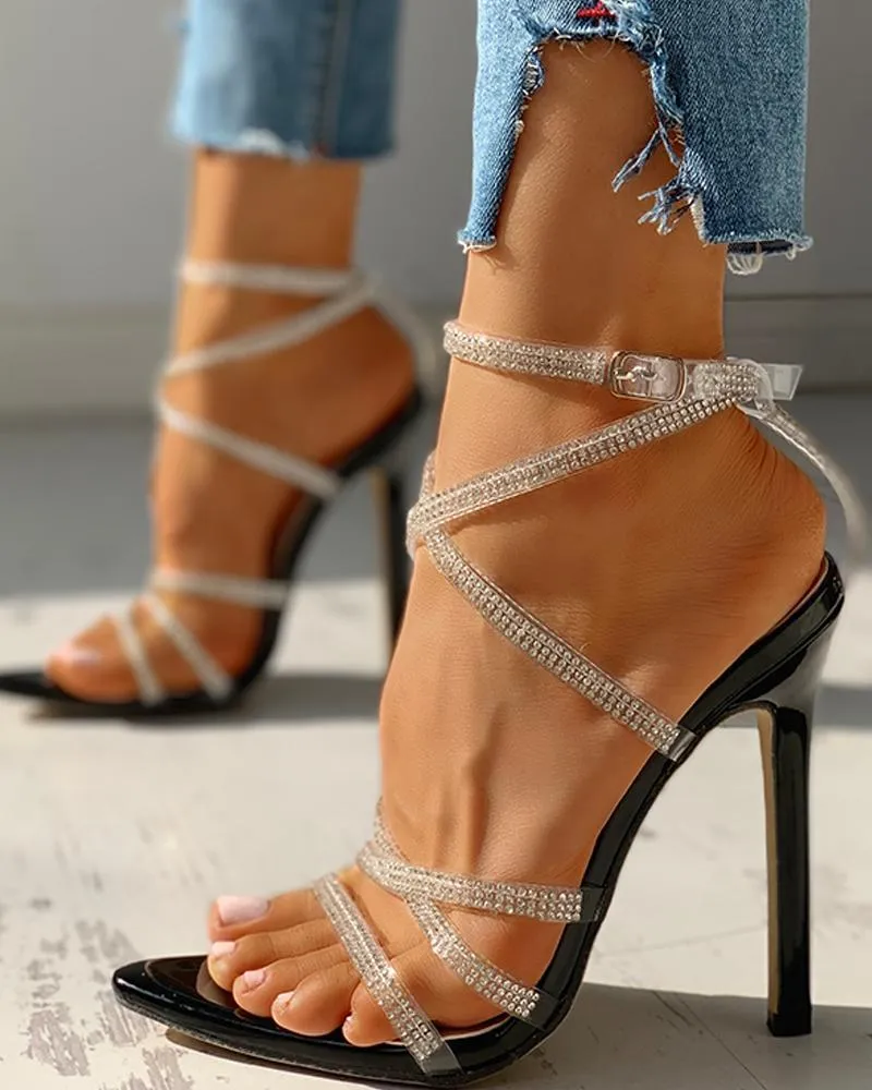 Women’s High Heel Pointed Toe Rhinestone Strappy Sandals in 3 Colors