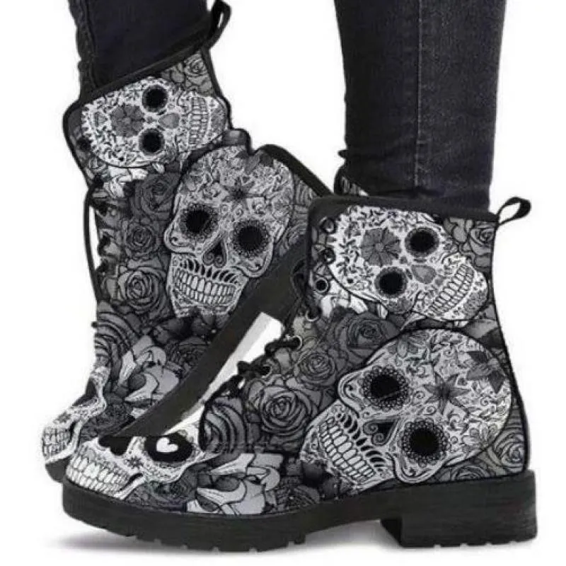 Women's Skull Low Heel Ankle Boots