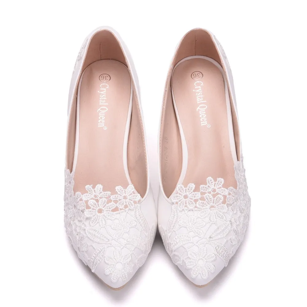 Women's White Short Stiletto Heel Wedding Shoes with Pointed Toe and Lace Flowers